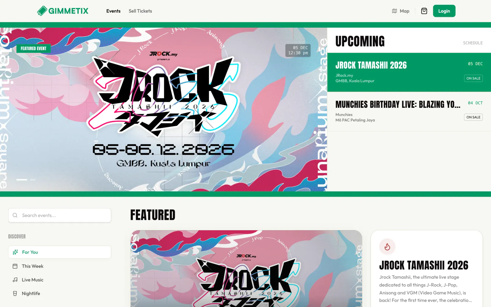 GIMMETIX homepage: JRock Tamashii 2026 as the featured event beside the upcoming schedule