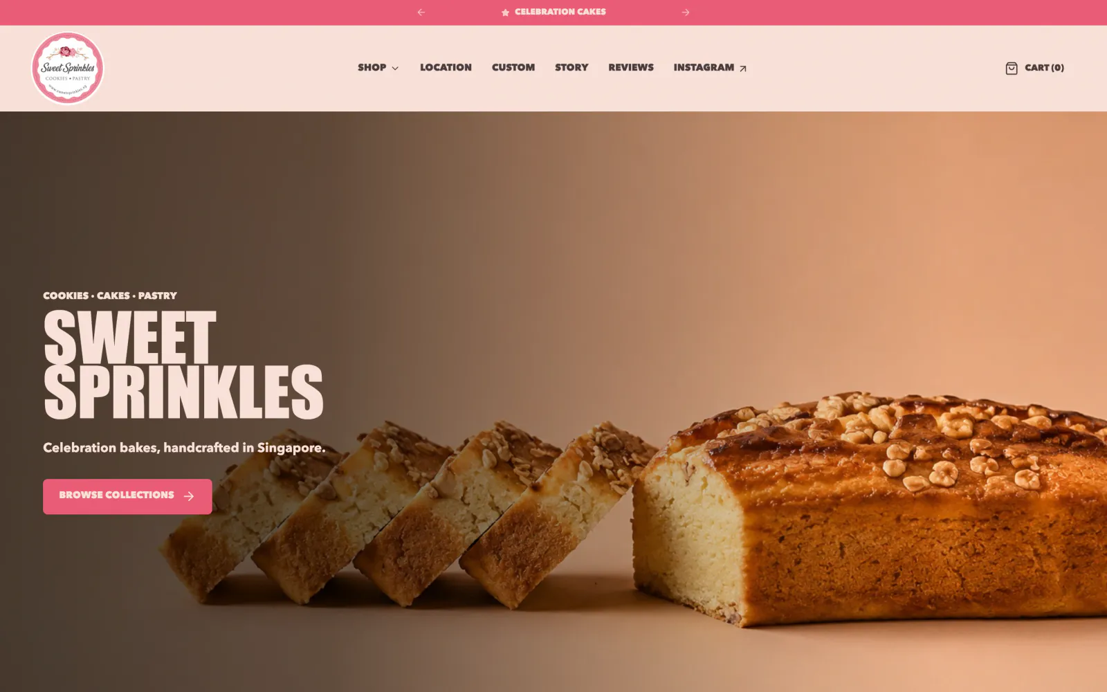 Sweet Sprinkles homepage: a sliced walnut loaf under the headline “Celebration bakes, handcrafted in Singapore.”